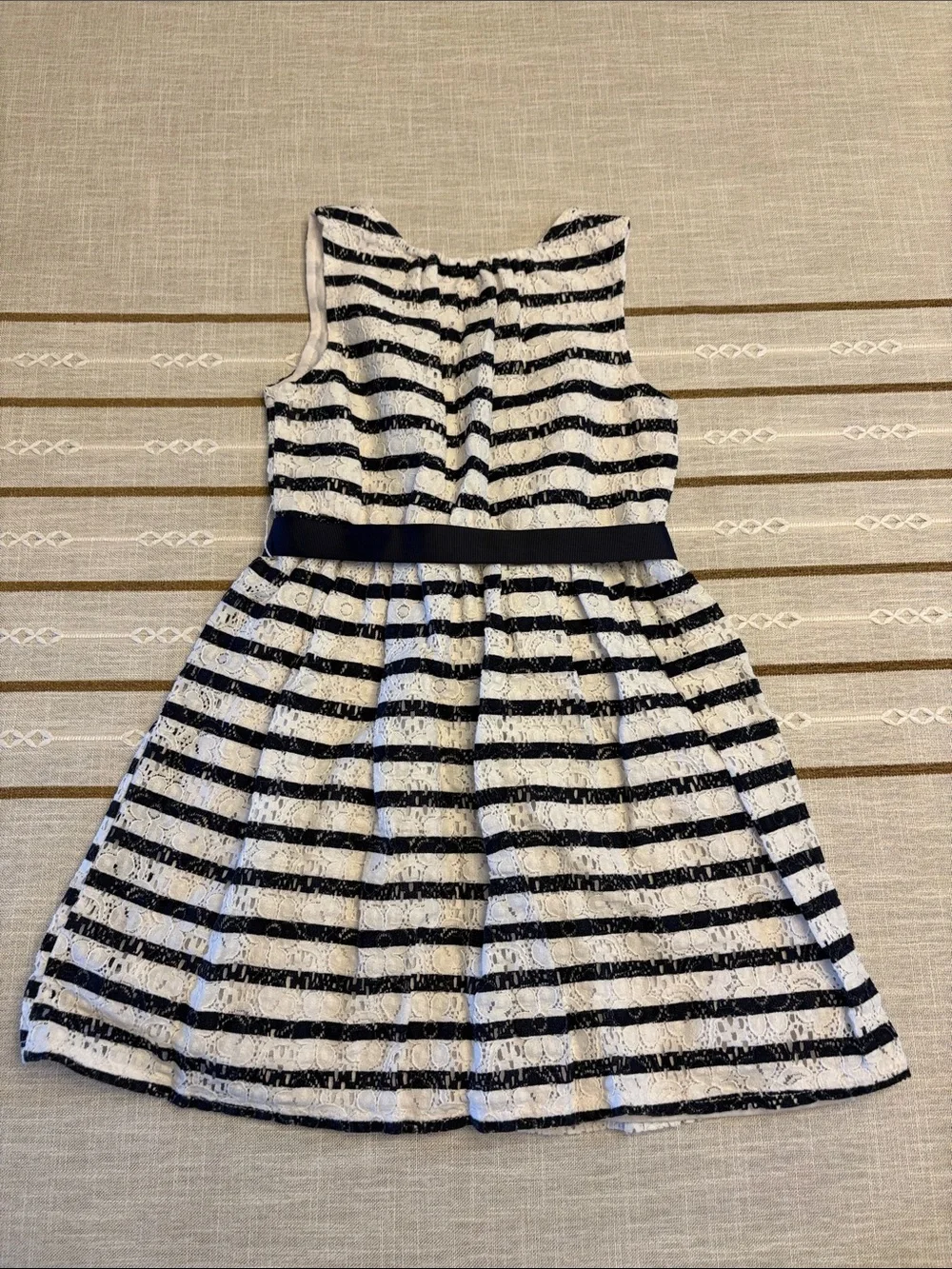 Maison Jules Navy and White Striped Lace Bow Dress